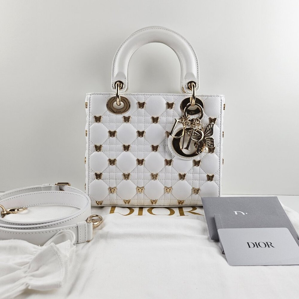 SOLD Dior Small Lady White Cannage Lambskin With Gold-Finish Butterfly Studs - Picture 11 of 13